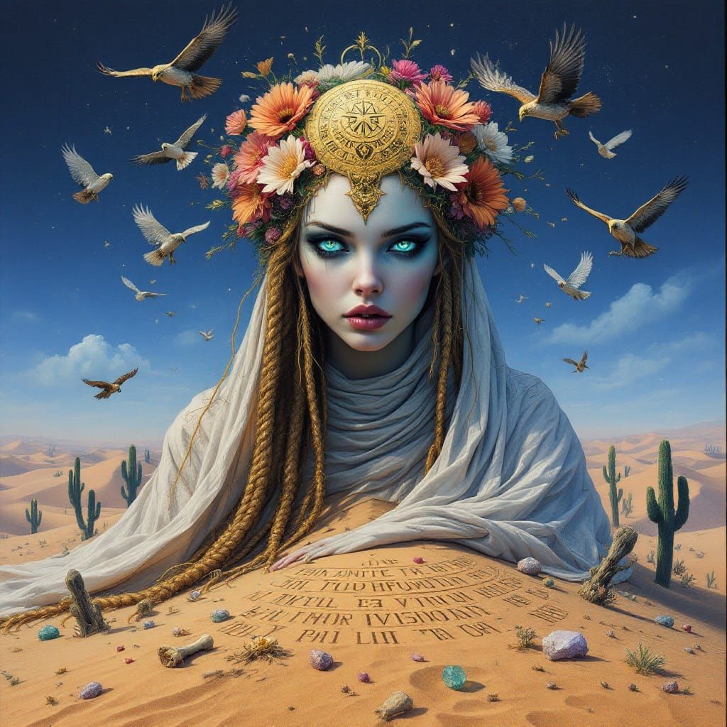 Mystical Desert Goddess with Blended Form and Ancient Runes