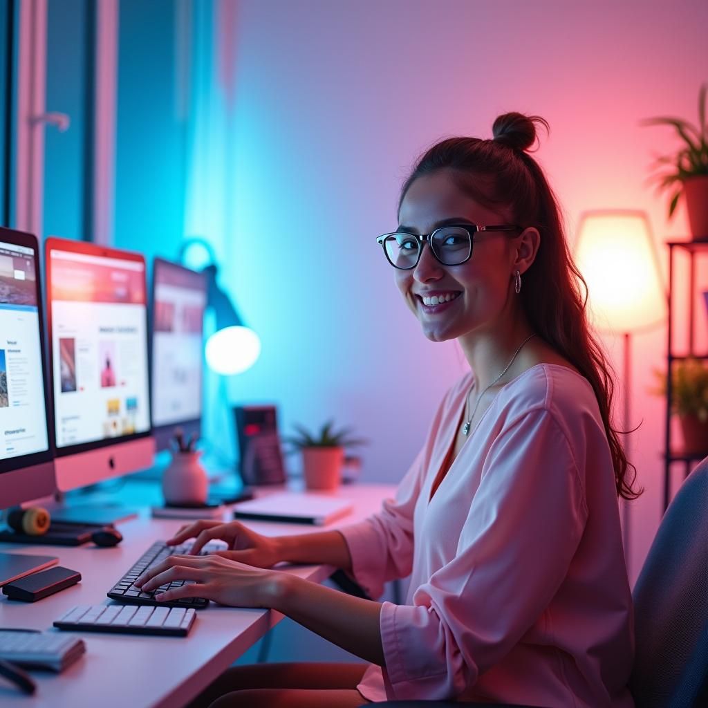 Enthusiastic Woman Designs on Dual Monitors
