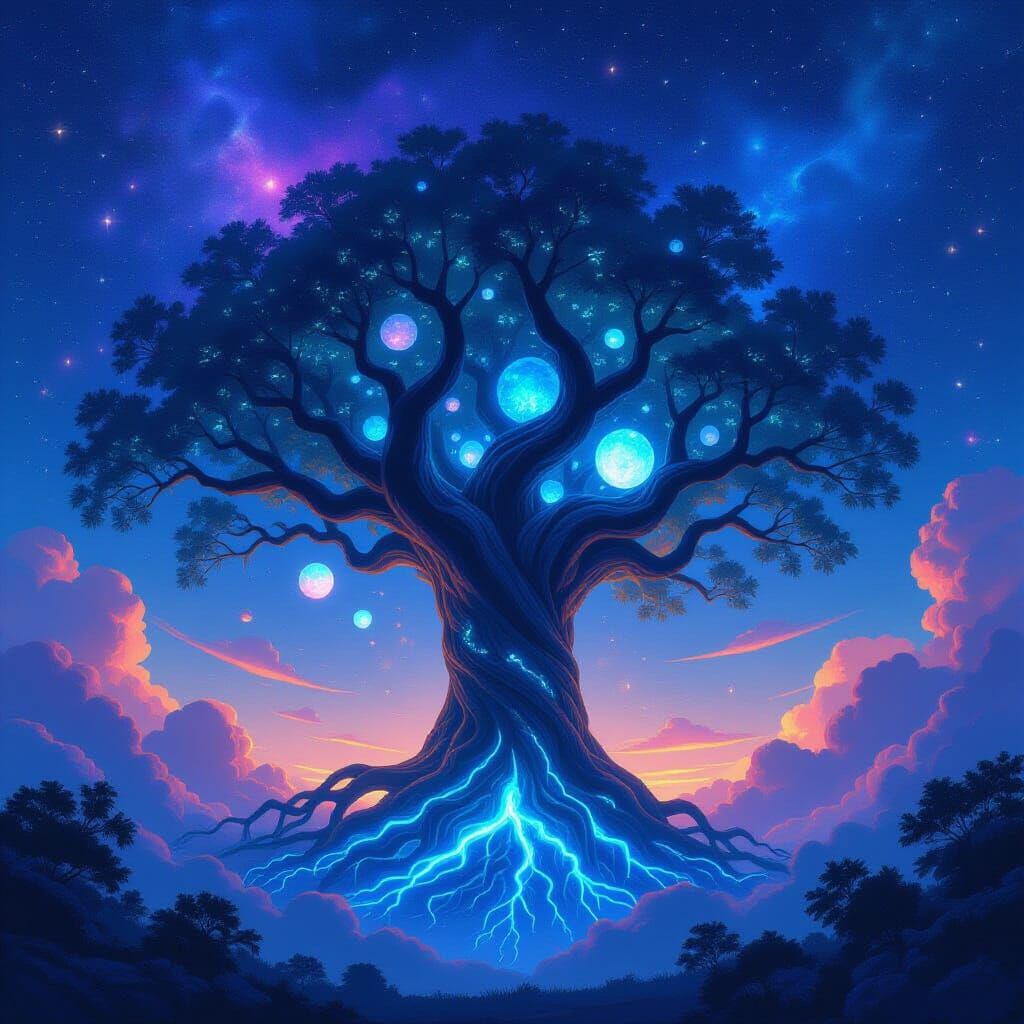 Cosmic Tree with Bioluminescent Roots in Nebula Sky