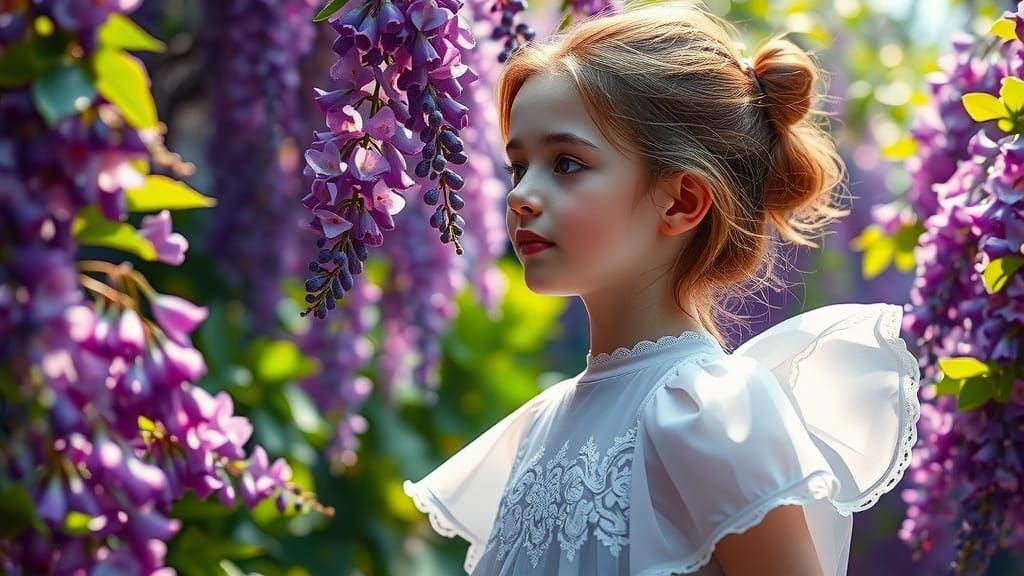 Girl in Wisteria Garden: Hyperrealistic Pointillism