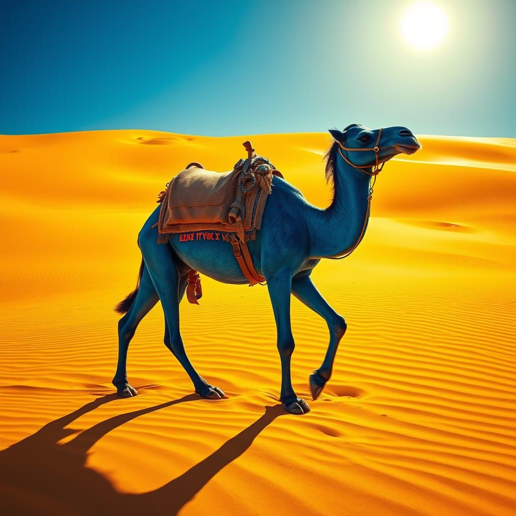 Surreal Blue Camel Plods Through Endless Desert in Vibrant, ...
