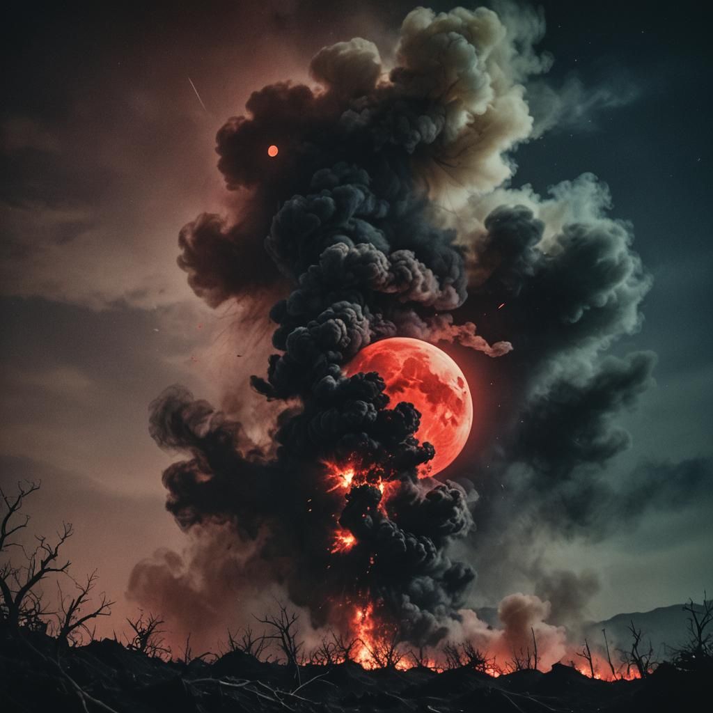 Dramatic Black Smoke Under a Red Moon
