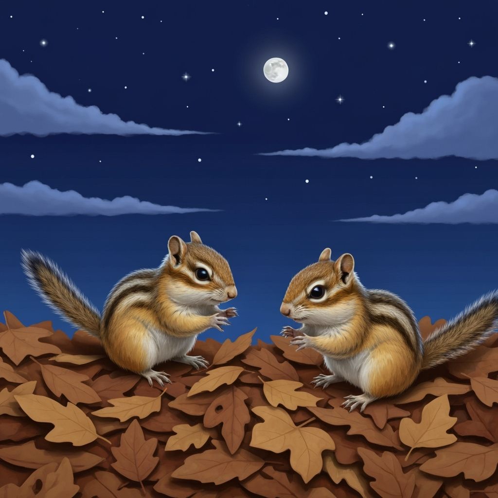Chipmunks Play in Autumn Leaves Under Crescent Moon