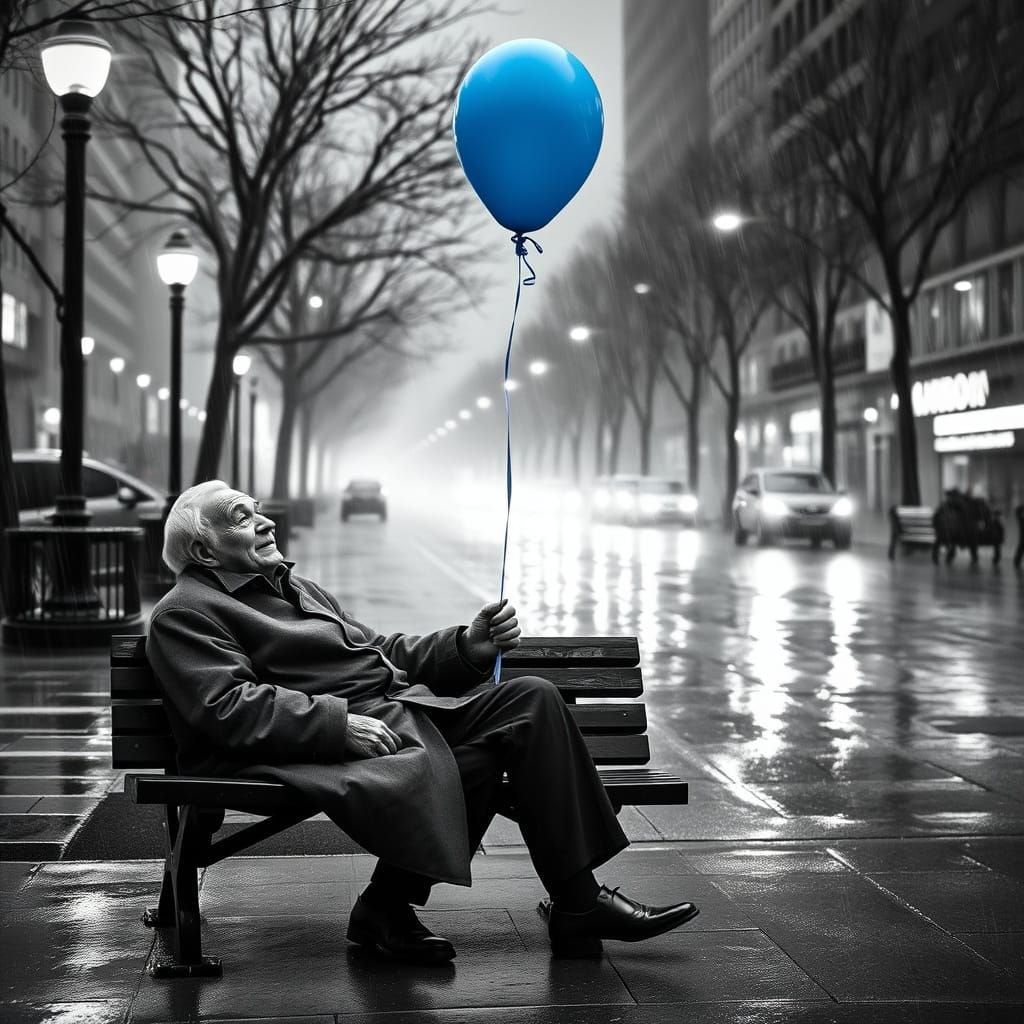 Monochrome City Scene with a Blue Balloon of Hope