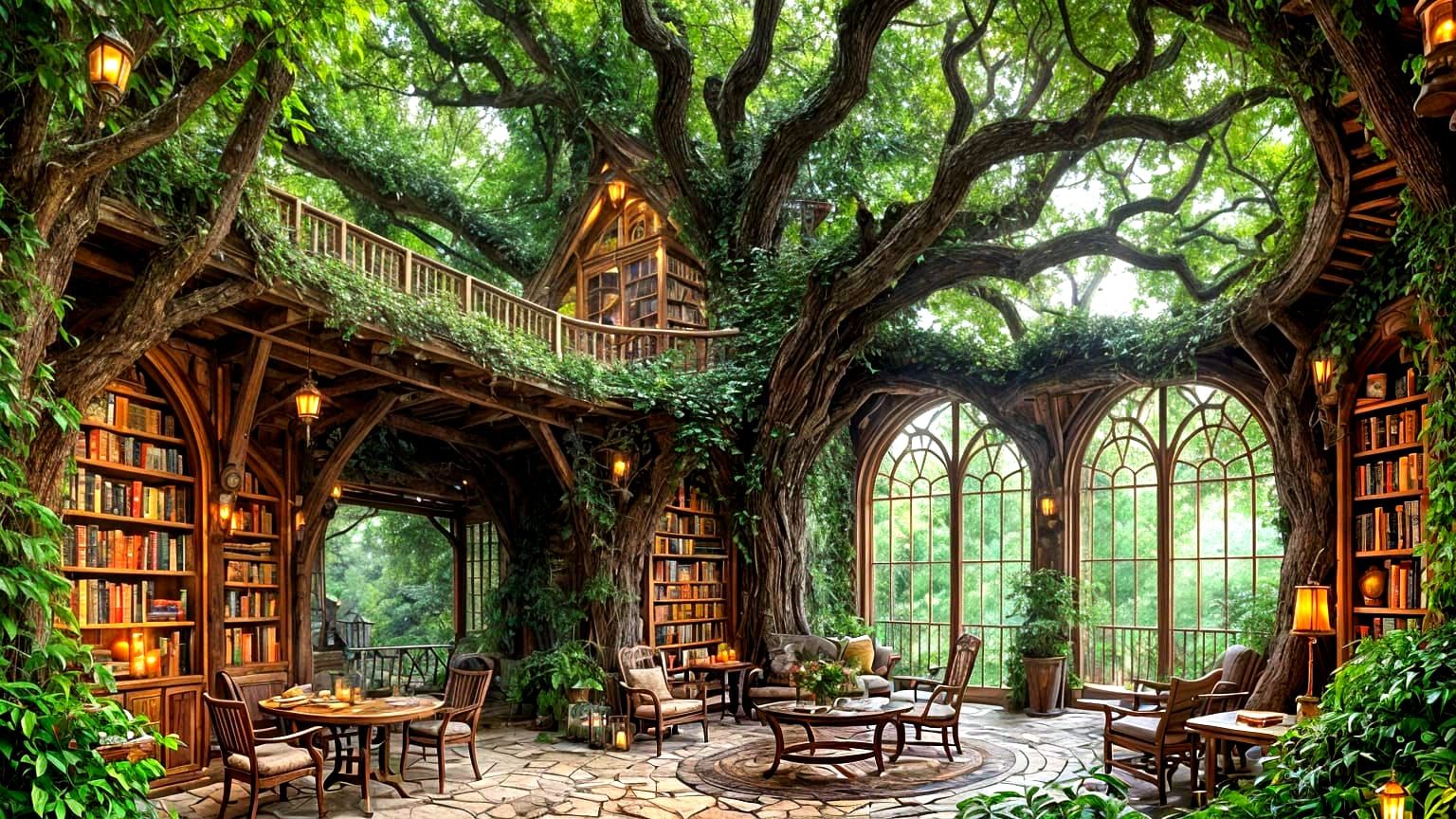 Magical Elven Library in Ancient Oak Tree