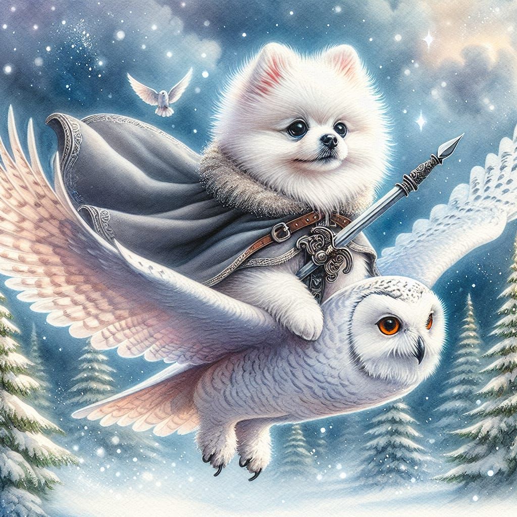 Photorealistic Watercolor of a Pomeranian on a Snowy Owl in...