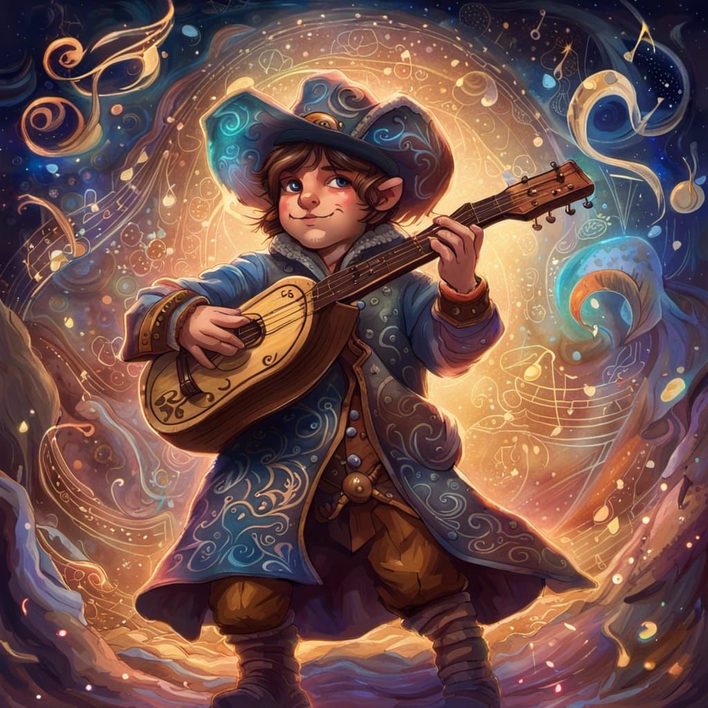 Dancing Halfling Bard with Magical Music, Mixed Media