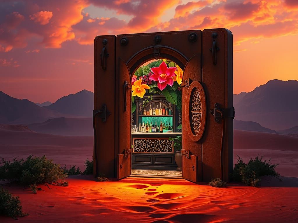 Eine antike Tür mitten in der heißen Wüste. Die Türe führt zu einer lebhaften cocktail Bar
