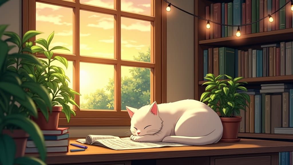 Studio Ghibli style a cozy indoor scene featuring a sleeping...