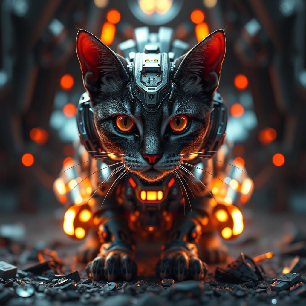 Surreal Cyberpunk Cat in Futuristic Scene