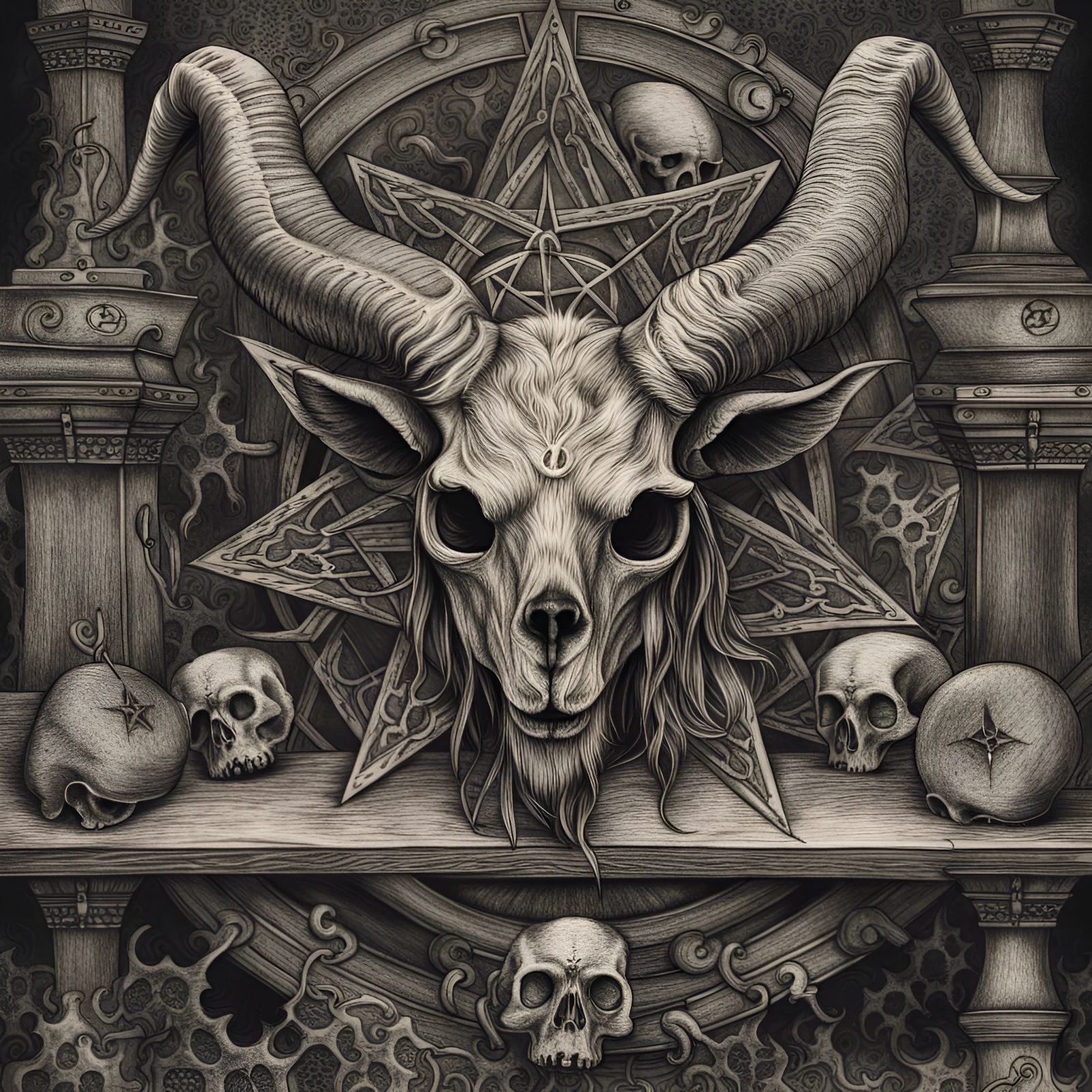 Hyperdetailed Charcoal Drawing: Zombie Goat Skull Altar