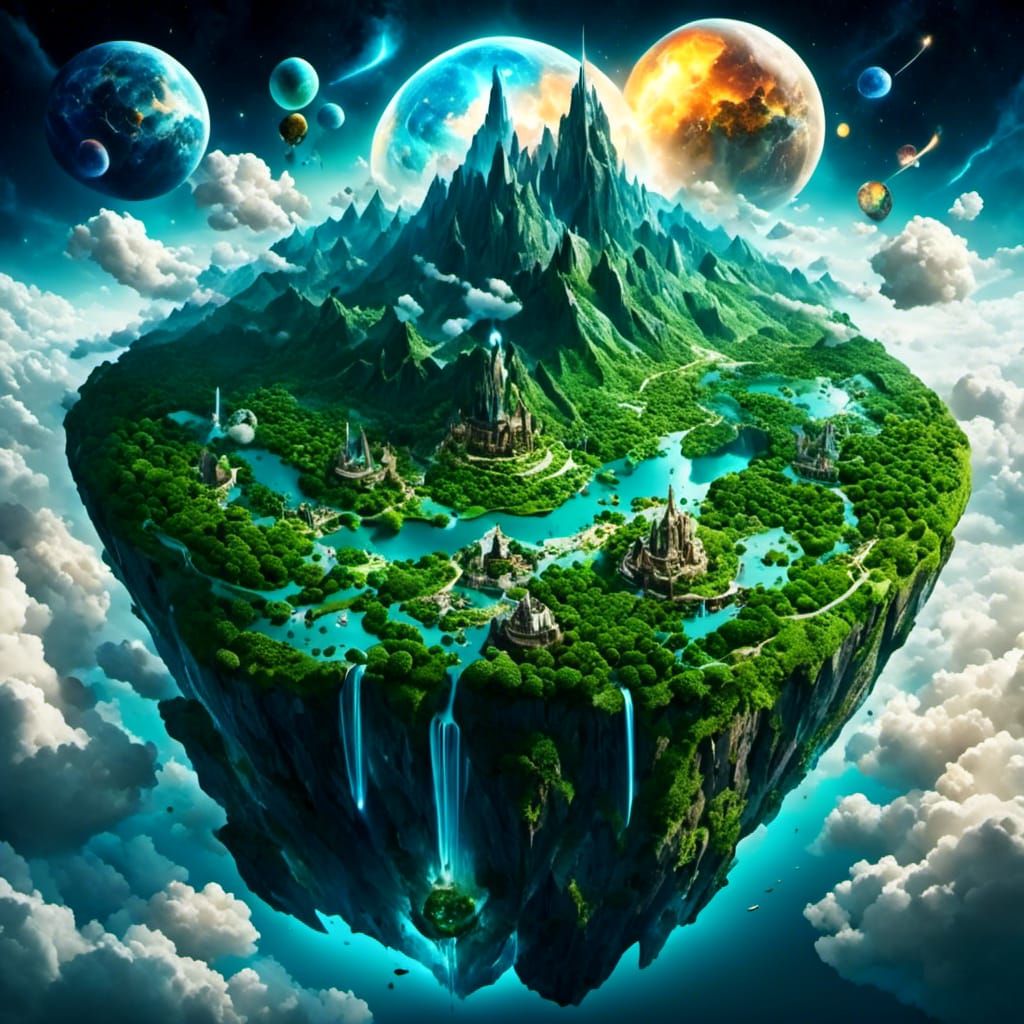 Fantastical Floating Island Biopunk Illustration