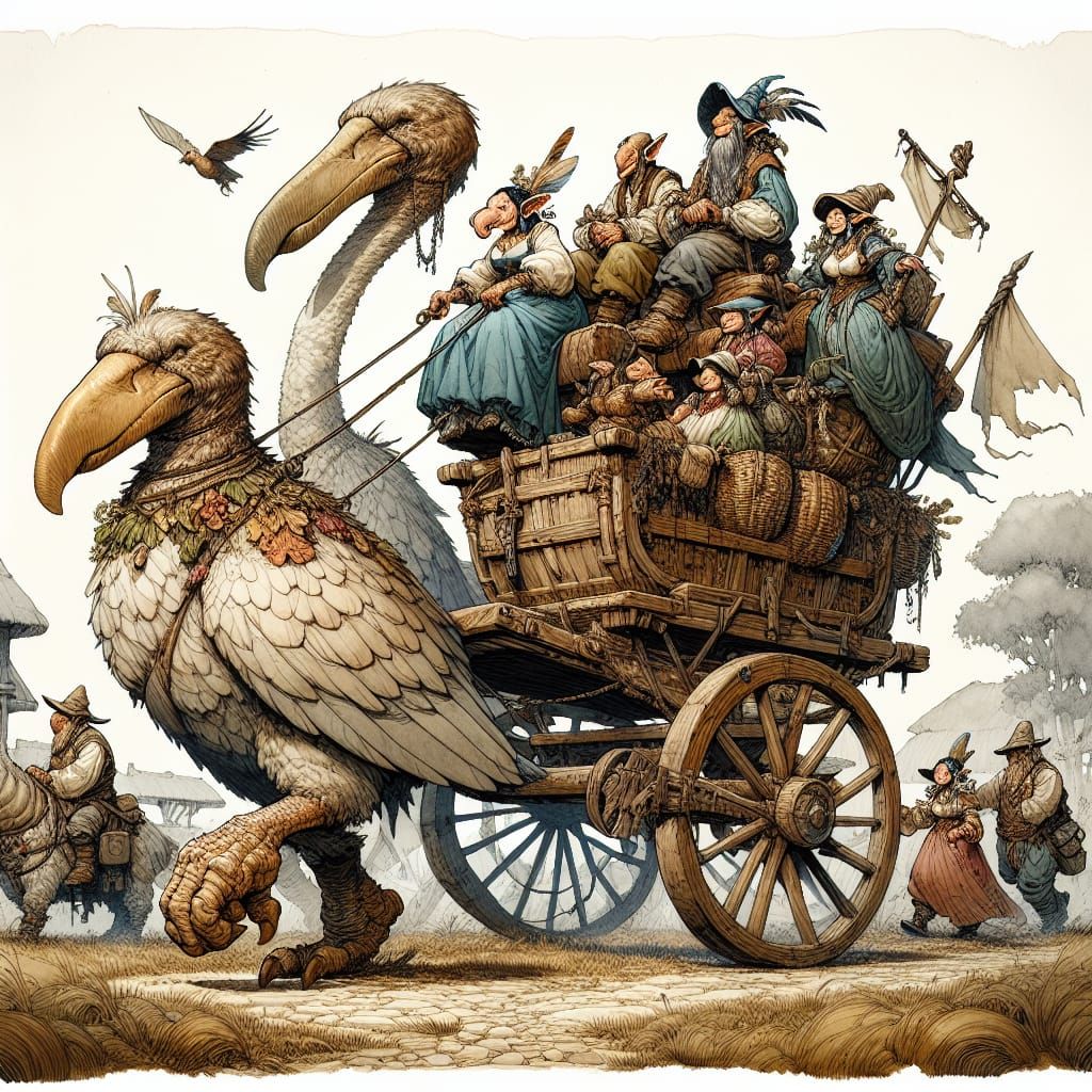 Goblin Family on Dodo Bird in Watercolor Style