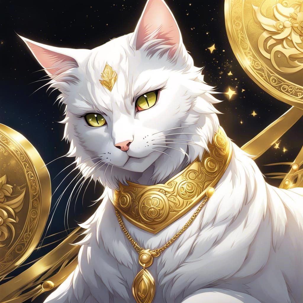 White Cat with Gold Crescent: Anime-Inspired Art