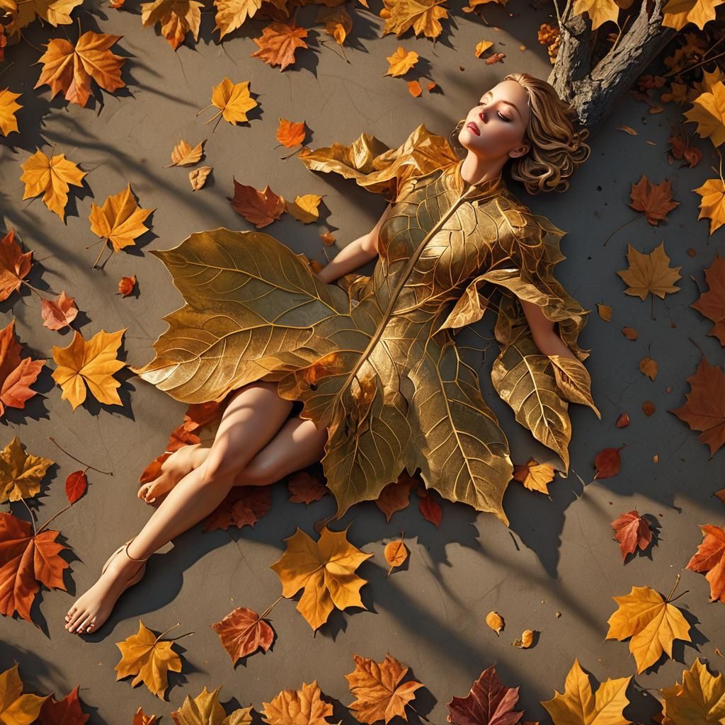 Autumn Leaf Woman Falling: Hyperrealistic Digital Art