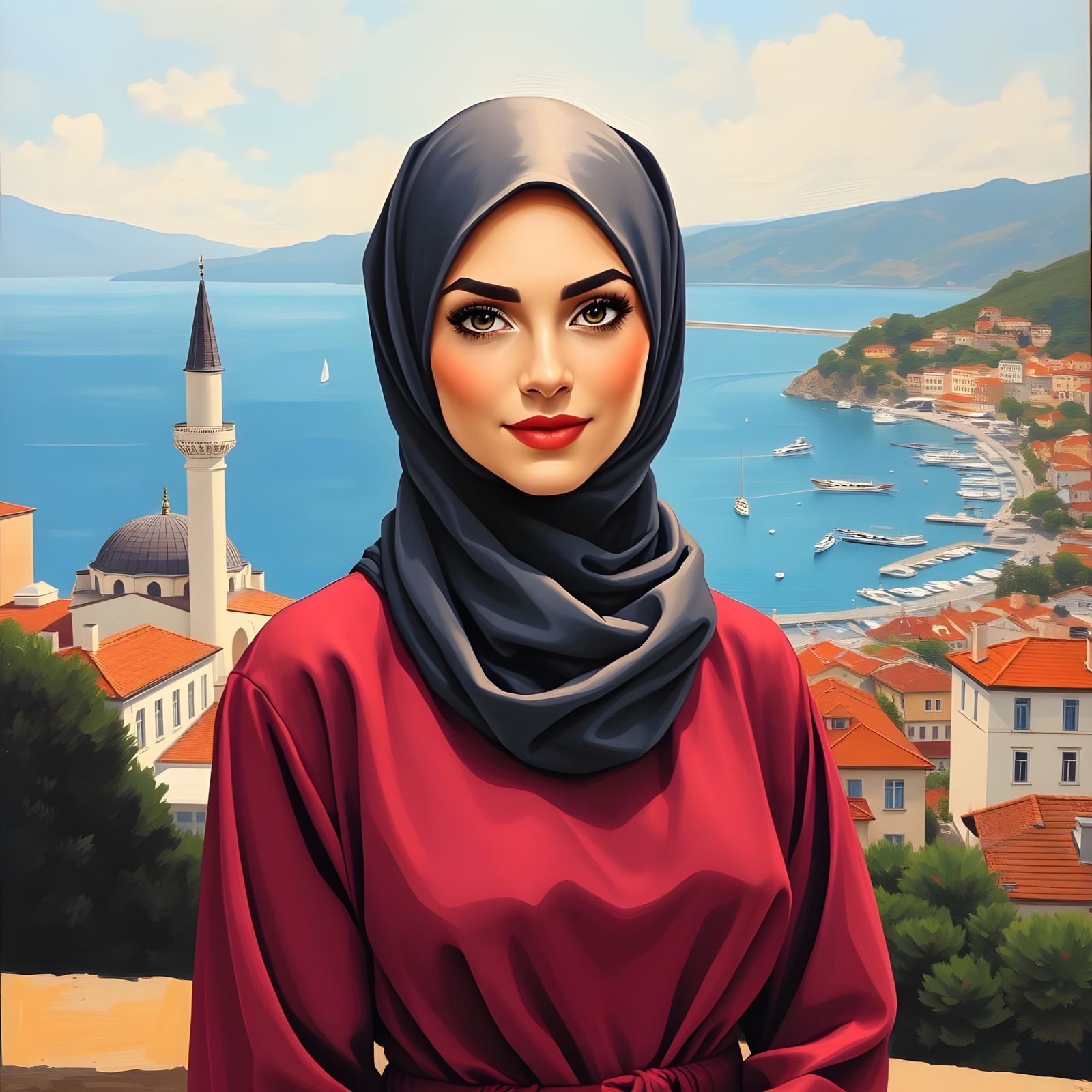 Beautiful Turkish Woman in Hijab: Oil Painting