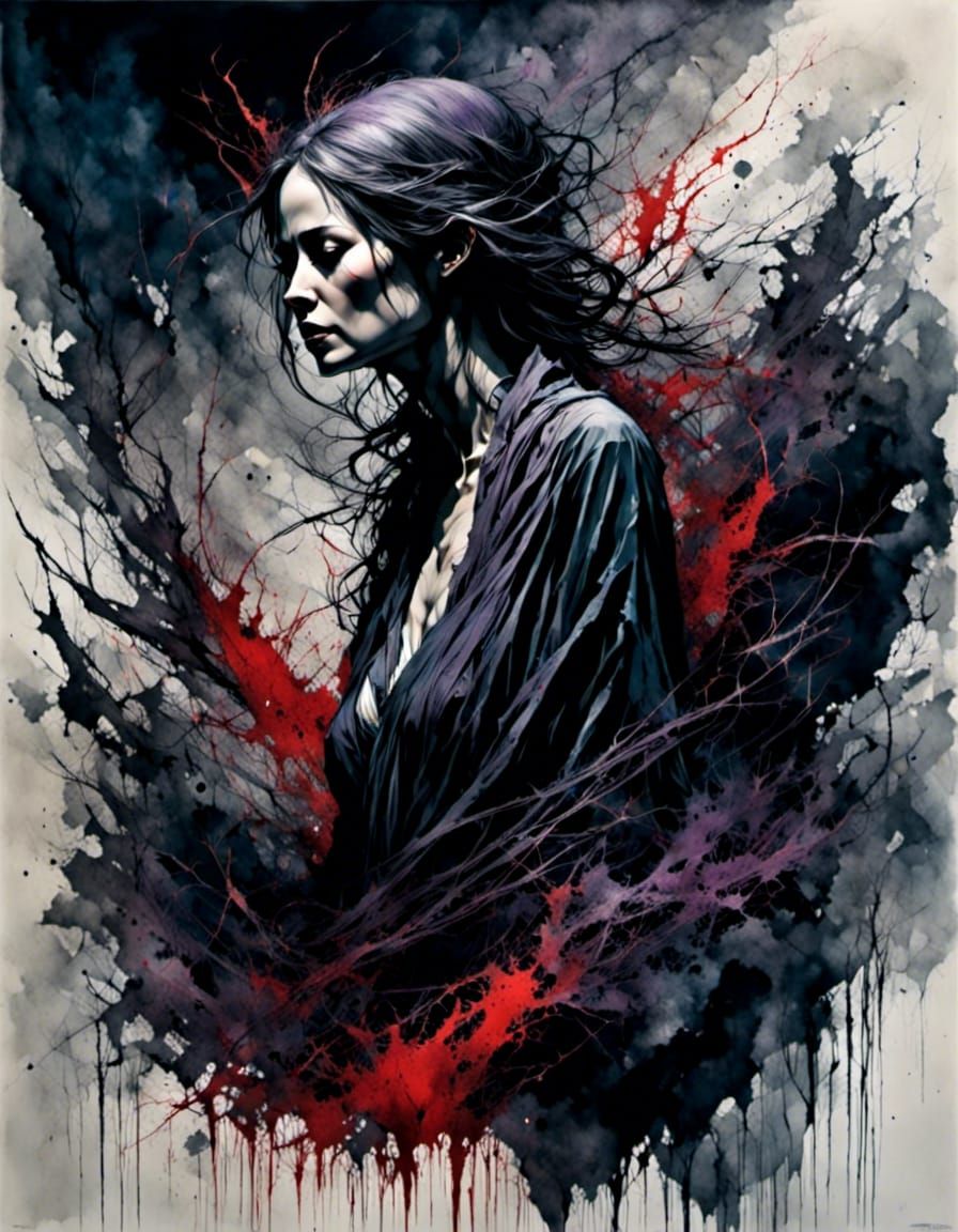 Female Necromancer surrounded with zombies. Black, purple and red <lora:Dark:1.0> <lora:Umbra:1.0>