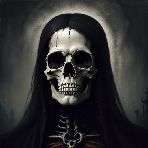 Macabre Oil Painting of Skulls and a Realistic Heart