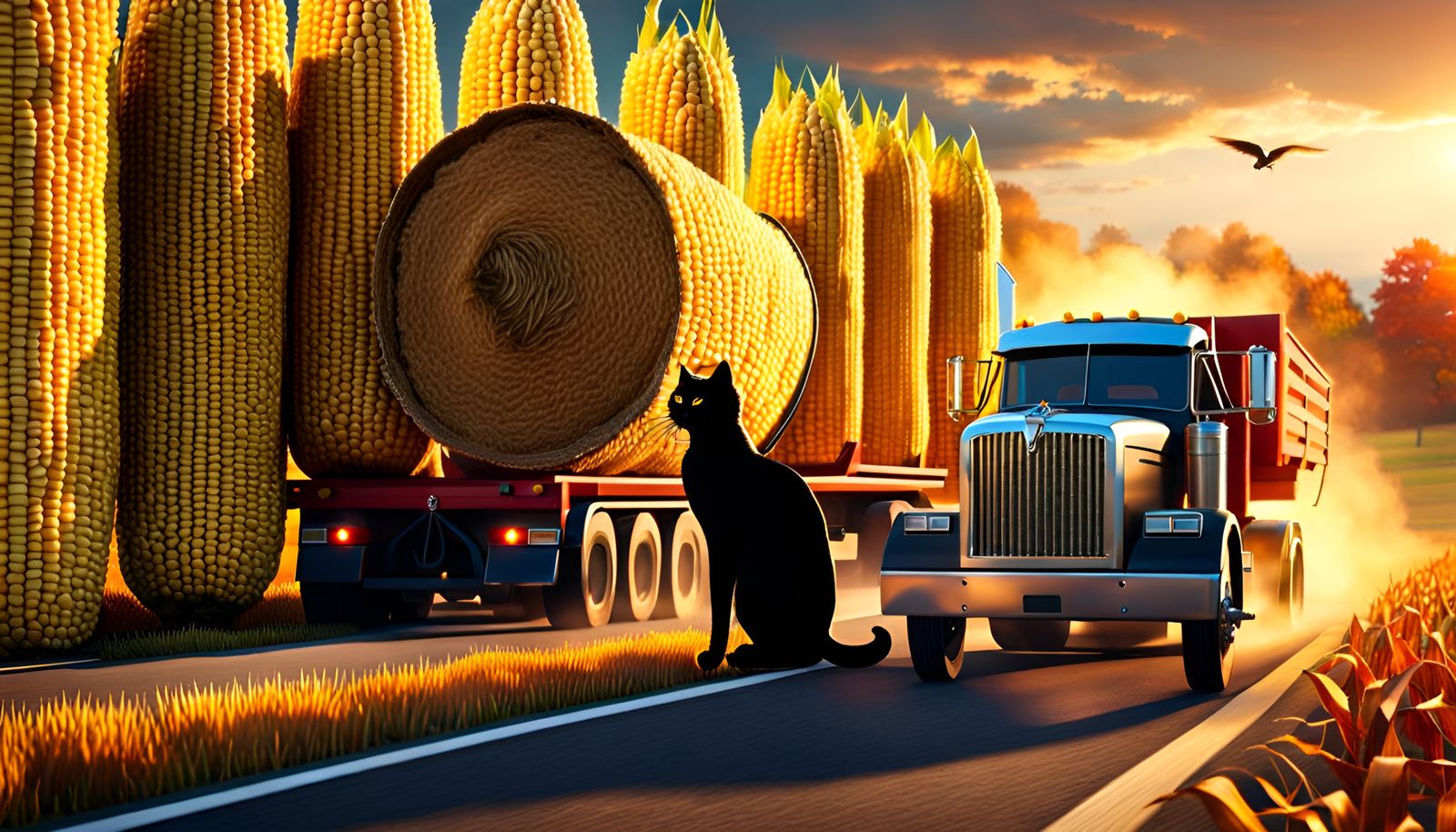 Giant Corn Harvest Truck at Sunset in 3D