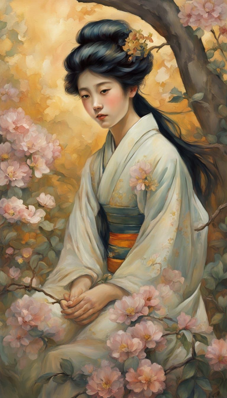 Geisha in Garden: Art Nouveau Oil Painting