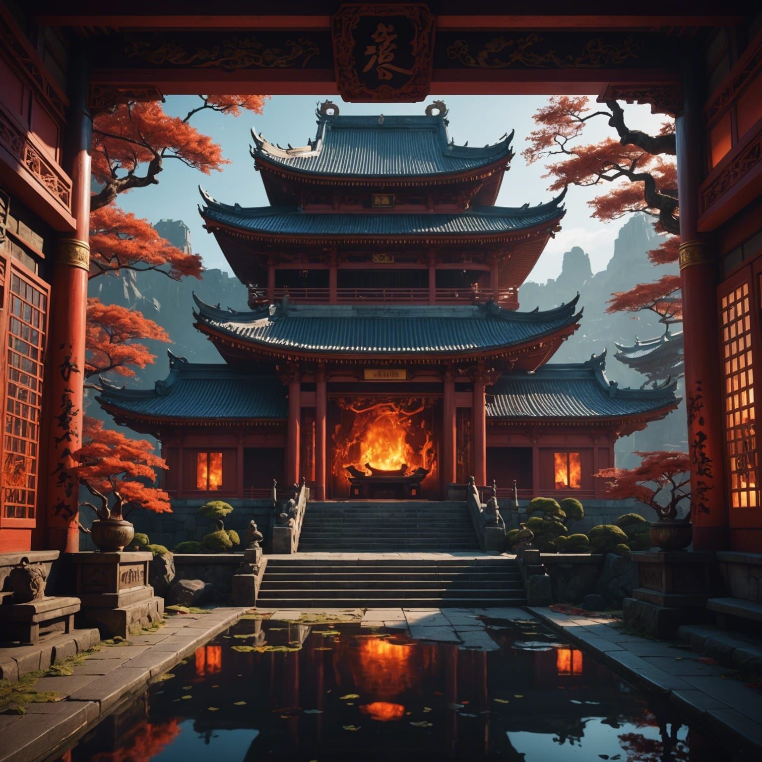 Japanese Palace Mockup of Hell, Detailed Matte Painting