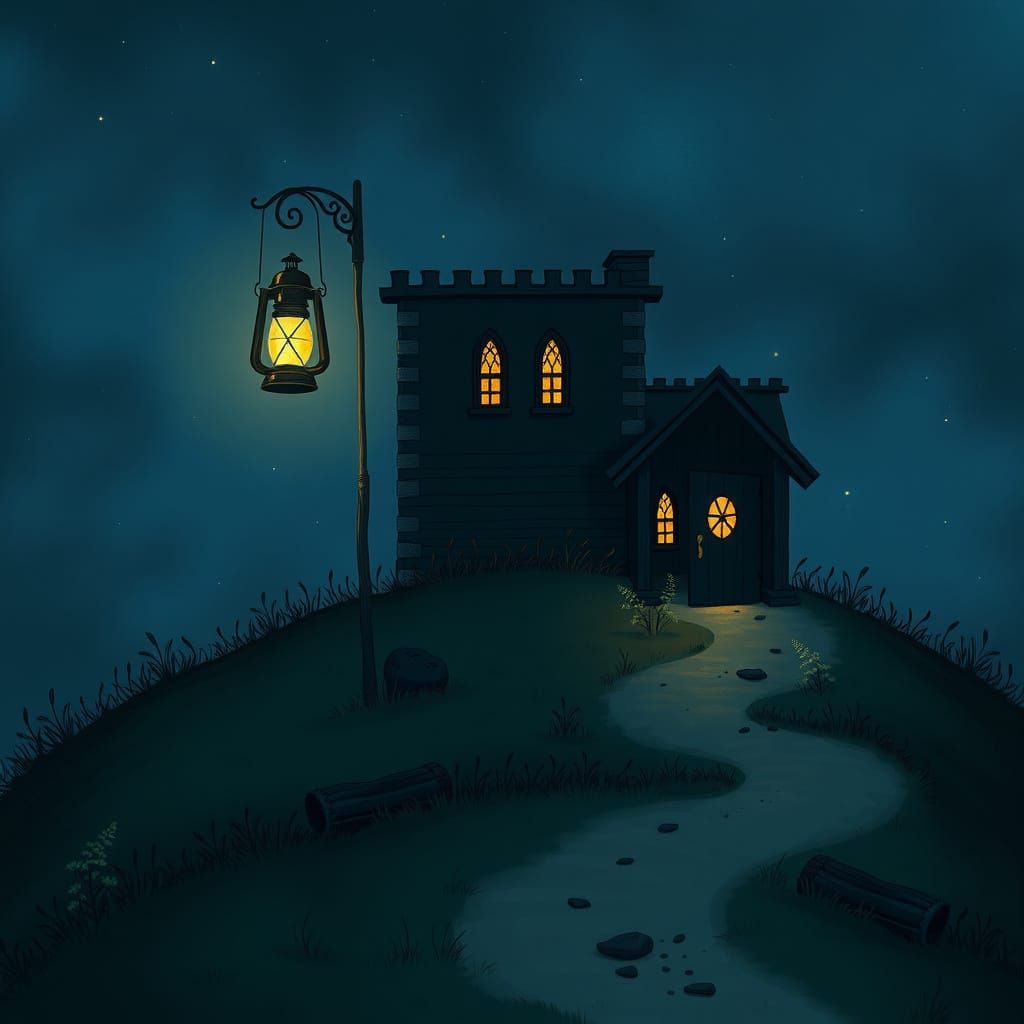 Lantern Lit House on Hilltop Illustration