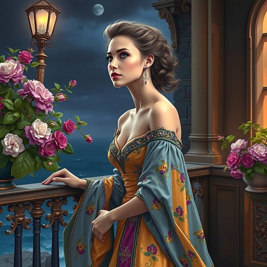 Renaissance Woman with Golden Gown and Opulent Earrings