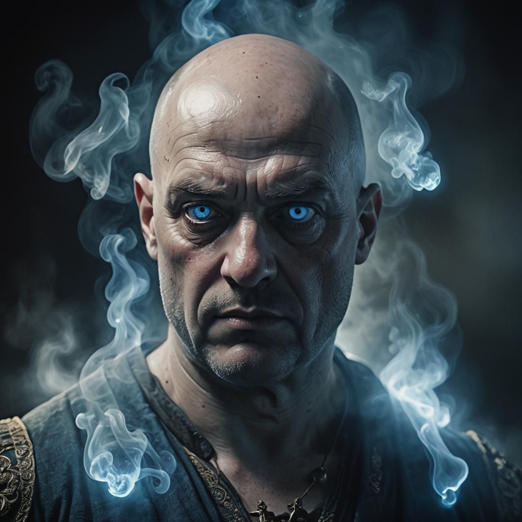 Eerie Portrait of Bald Man with Glowing Blue Eyes