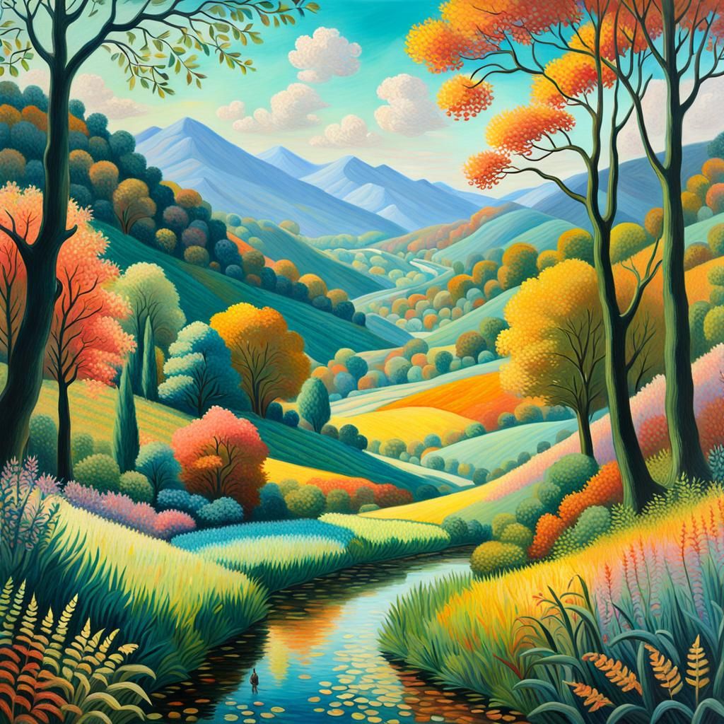 Vibrant Autumn Valley in Cartoonish Acrylic Style
