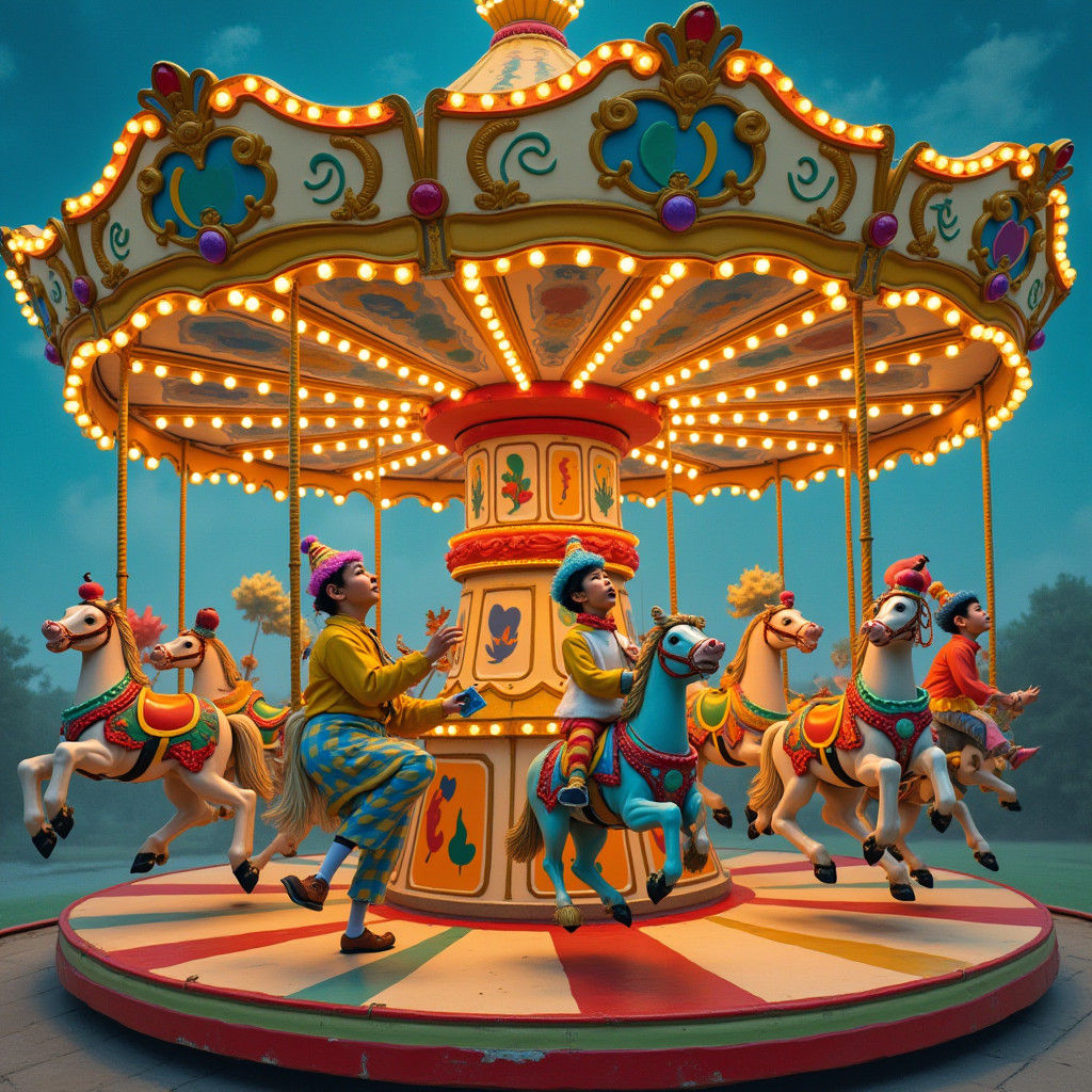 Whimsical Carousel with Dancing Clowns, Dreamlike Art