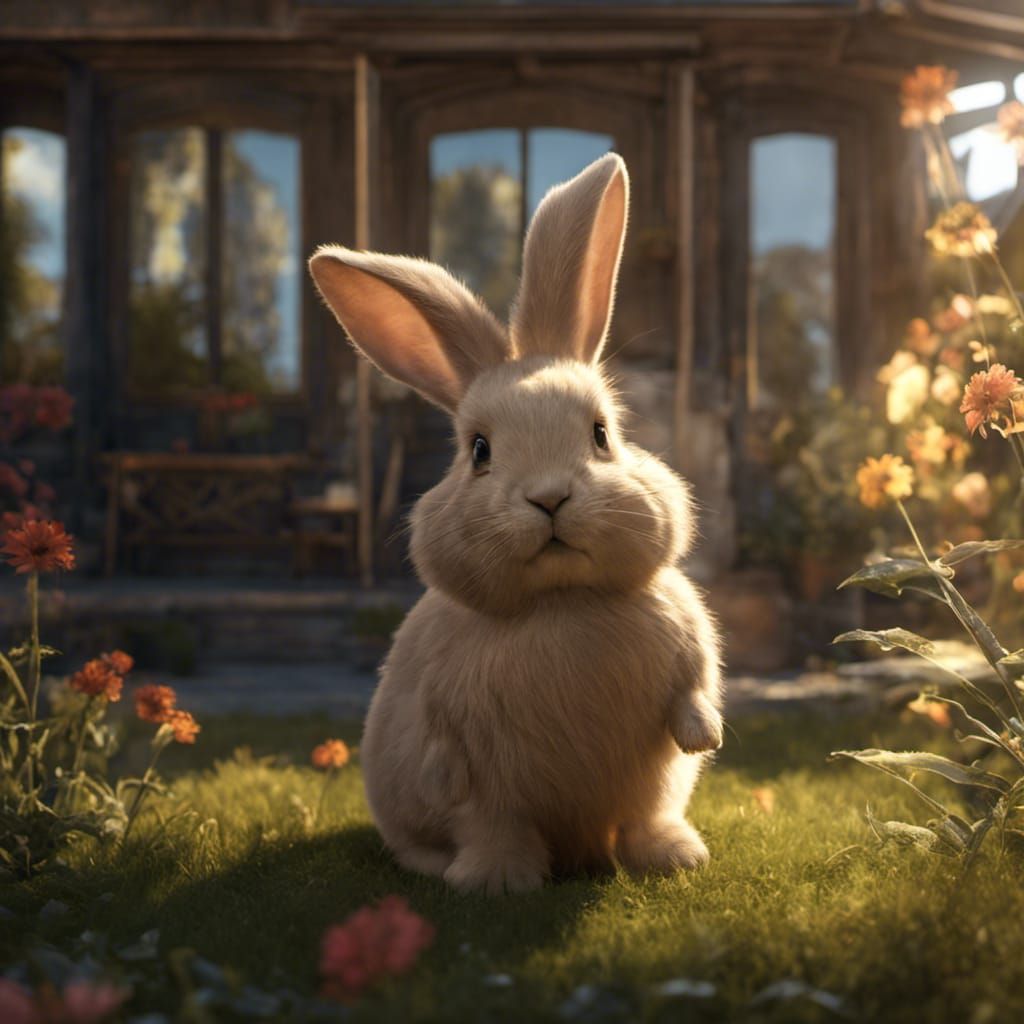 Fluffy Rabbit Outside Grocery Store in Wes Anderson Style