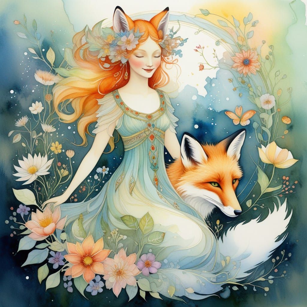 Celestial Goddess Amidst Whimsical Blooms and Fox
