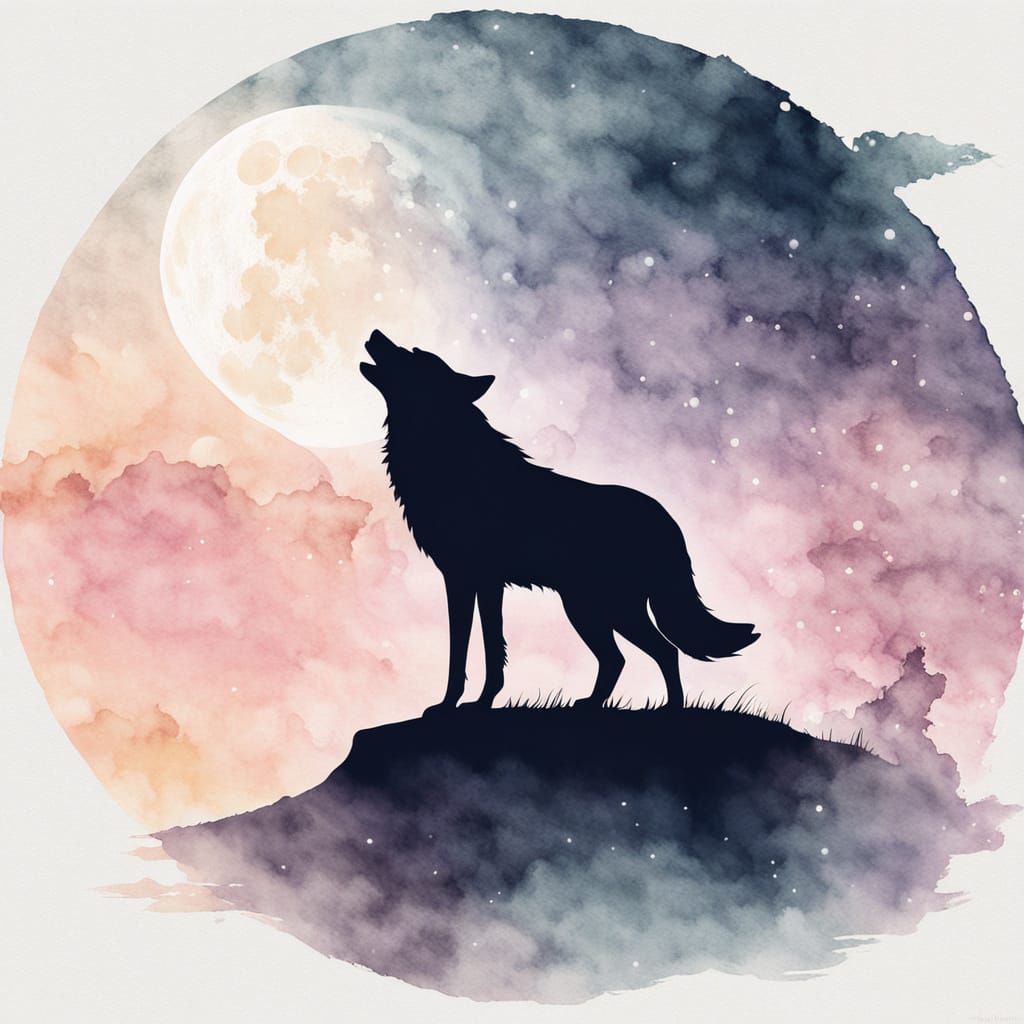 Moonlit Wolf Howling in Dreamy Watercolor Style