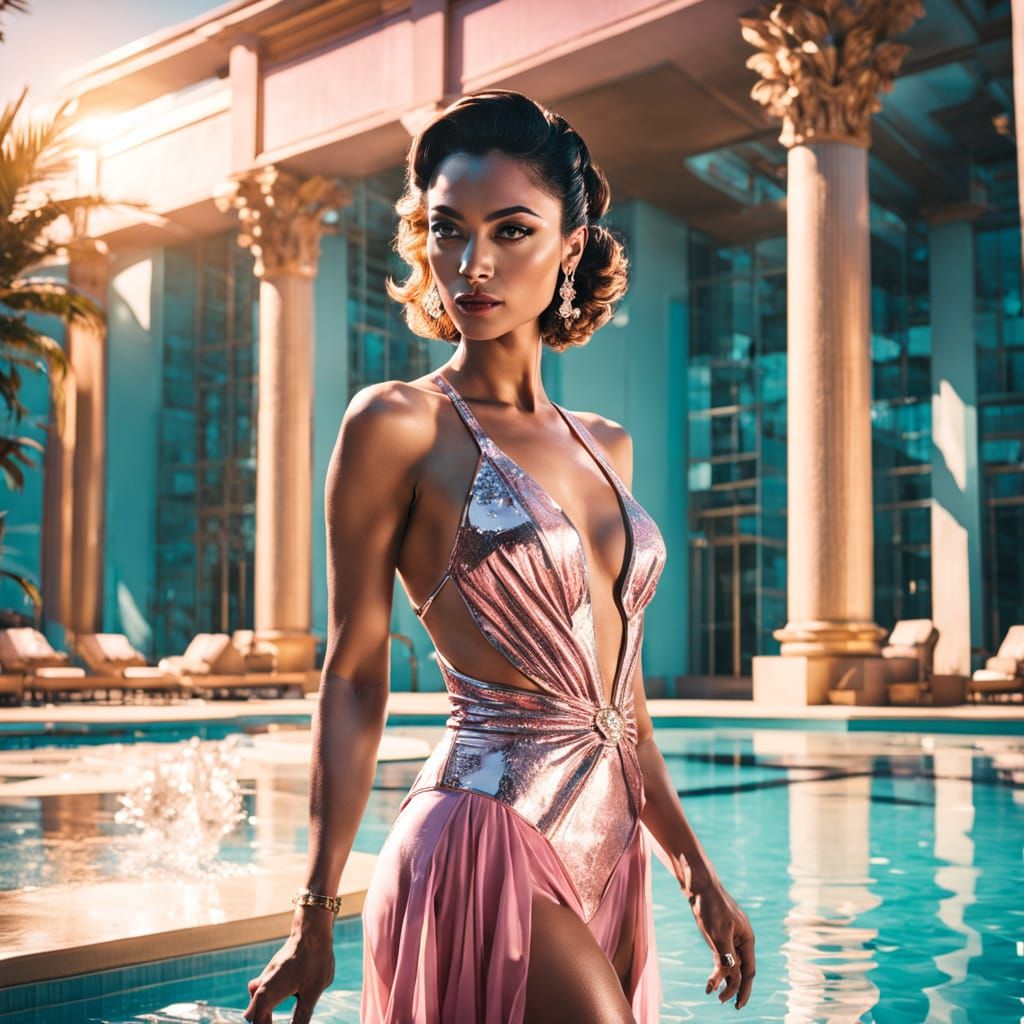 Elegant Lady in Pink Bikini Emerges from Pool at Golden Hour
