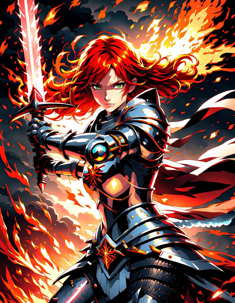 Anime Female Knight Wielding Fiery Power