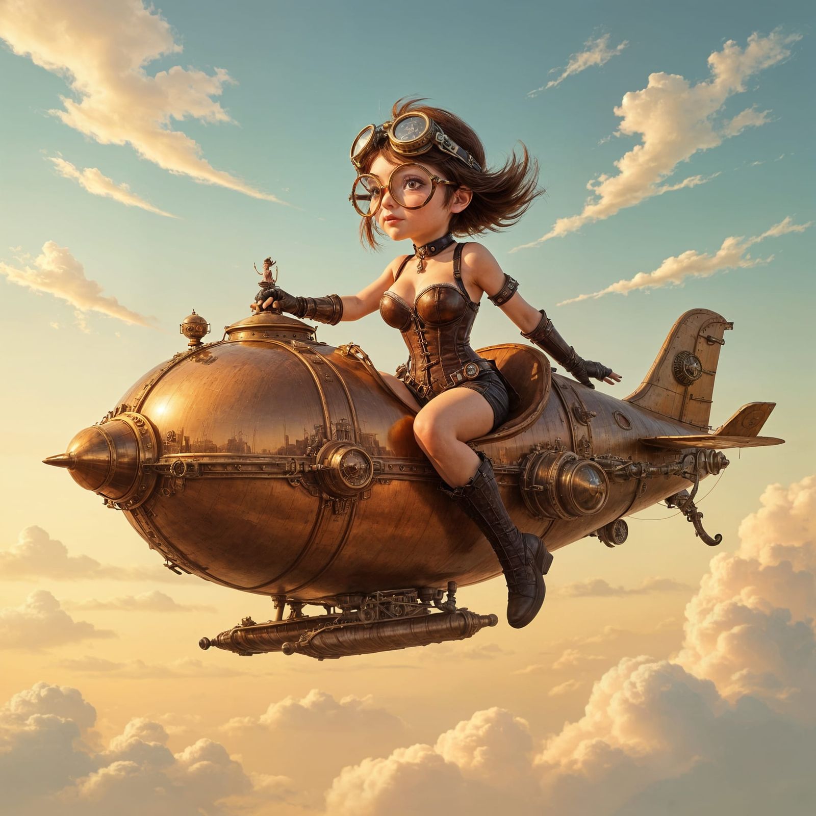 Chick Flies Teacup Airship in Steampunk Sky