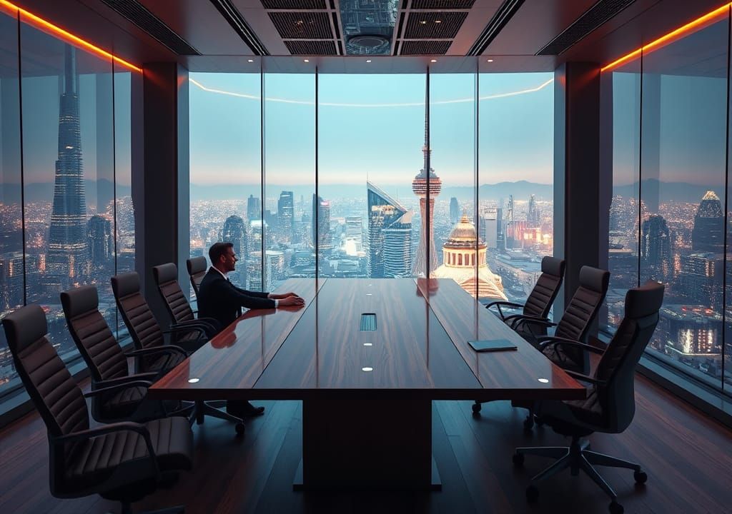 Business Meeting in Futuristic Cityscape