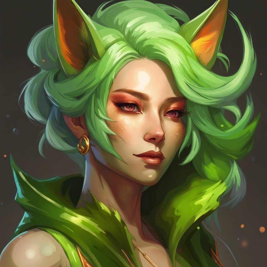 Lime Kitsune Portrait in Hyperdetailed Style