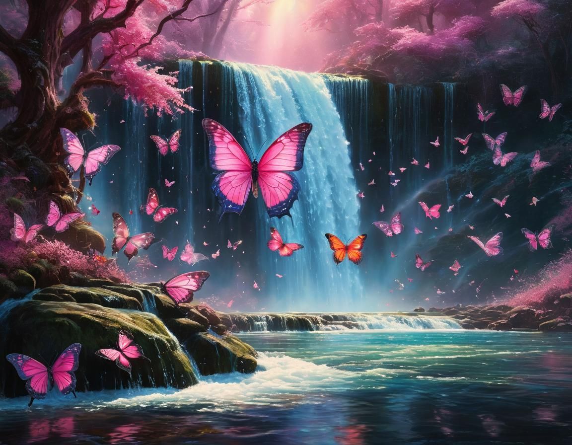 Glistening Glass-Winged Butterflies in Watercolor Waterfall