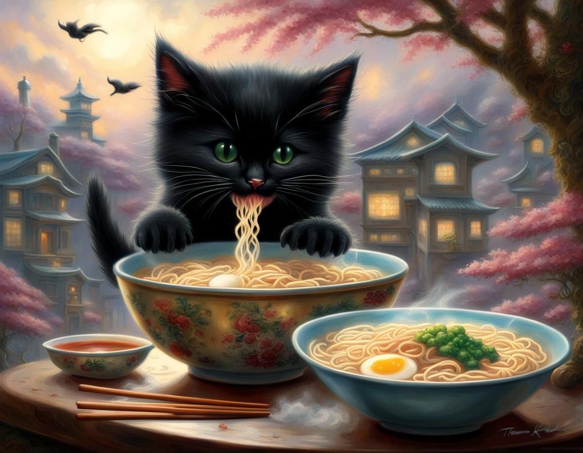 Black Kitten Enjoys Ramen in Kinkade Style