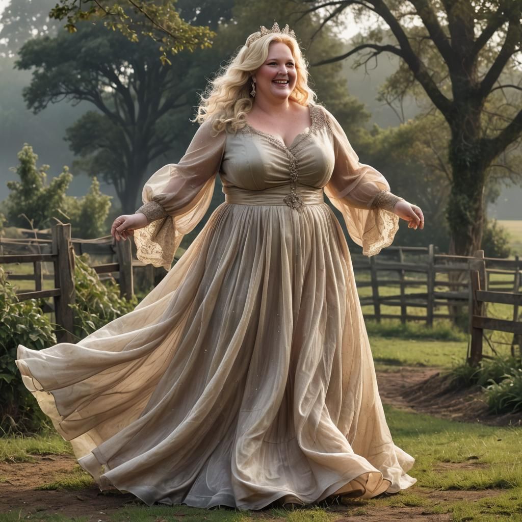 Mature smiling blonde obese BBW overweight woman on the farm...