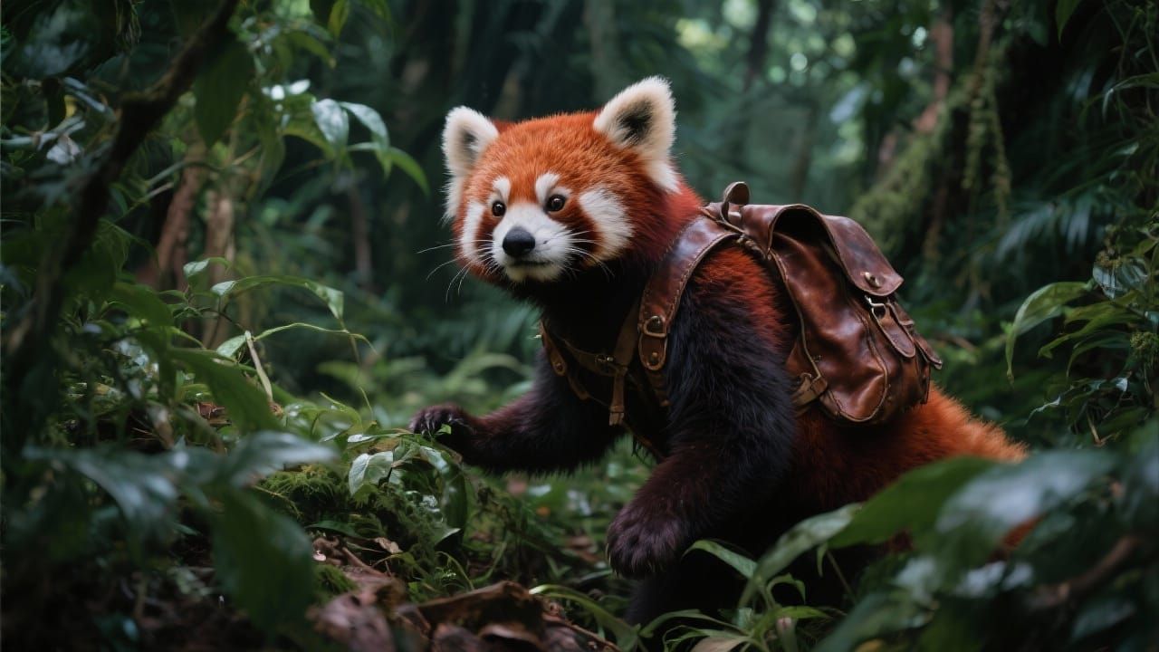 Red Panda with Vintage Backpack Explores Lush Jungle