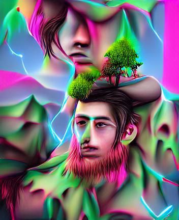 Psychedelic Mountain Man with Tree: Hyperrealistic 3D Art
