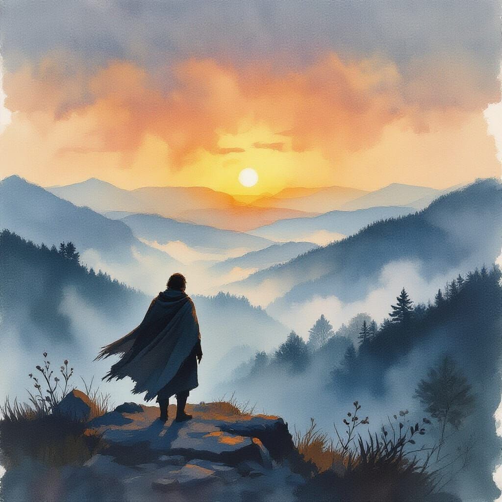 Expressionist Watercolor of Traveler at Dawn