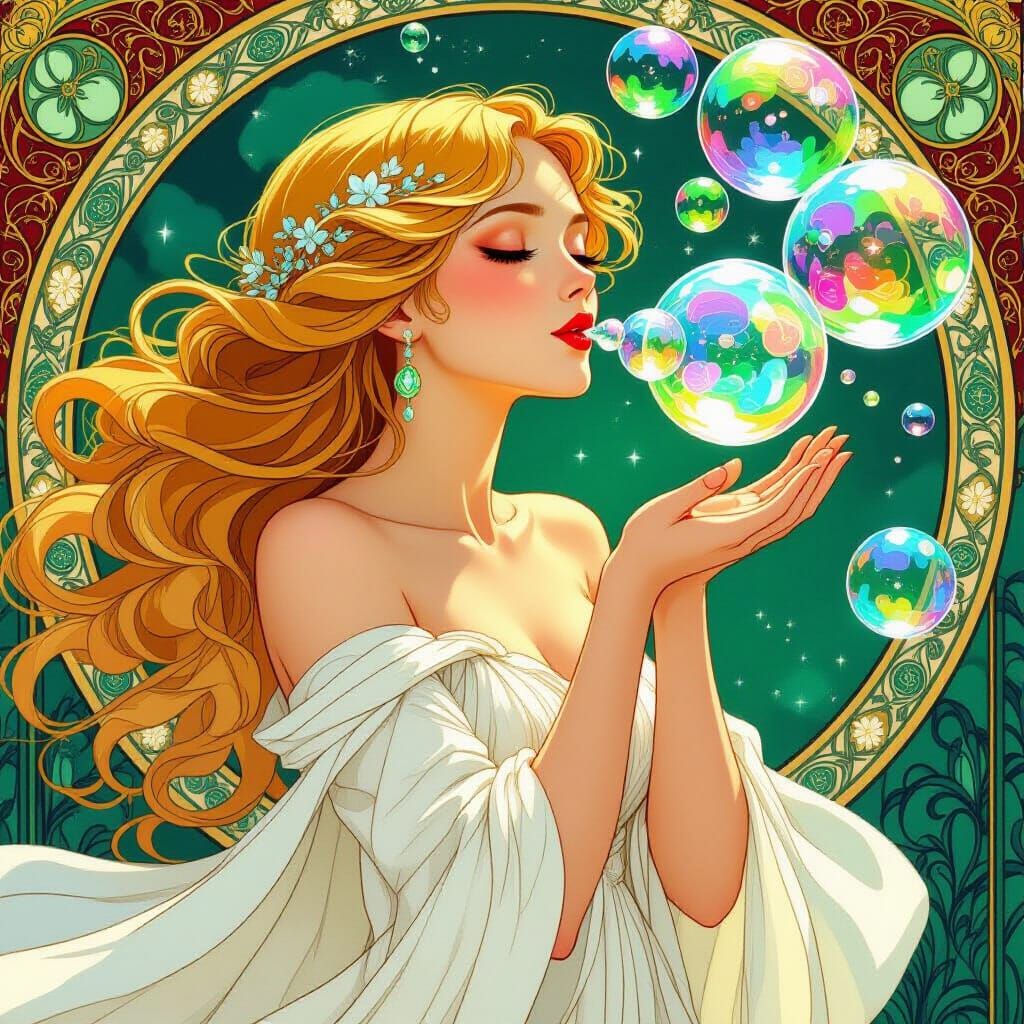 Woman Blowing Bubbles in Art Nouveau Style