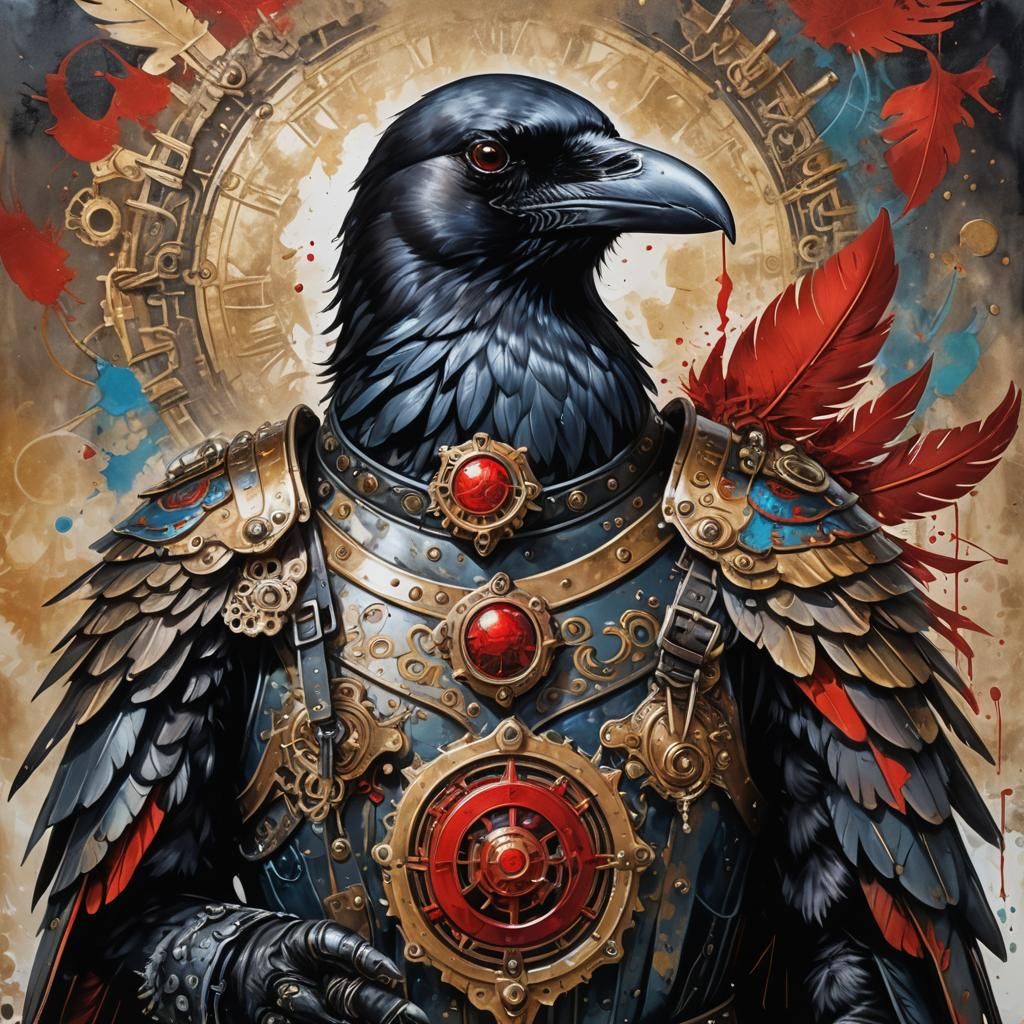 Armored Crow Carrying Love Letter in Steampunk Graffiti