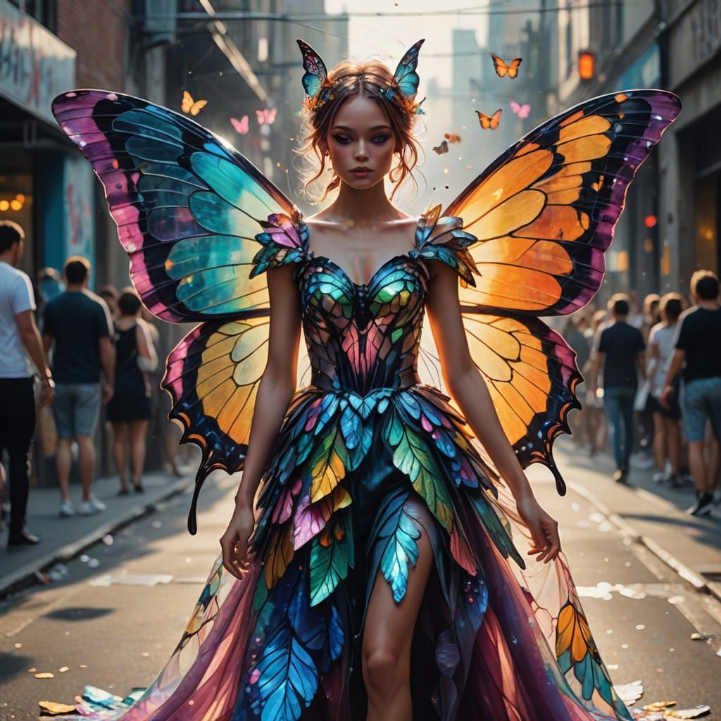 Butterfly Fairy on Couture Runway in Street Art Style