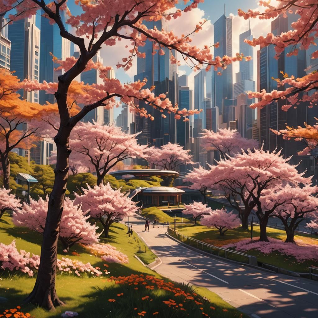 Orange Cherry Blossom Park Cityscape, Digital Art