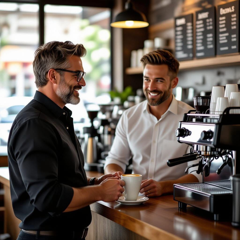 Attractive Men Ordering Coffee in Morning Light