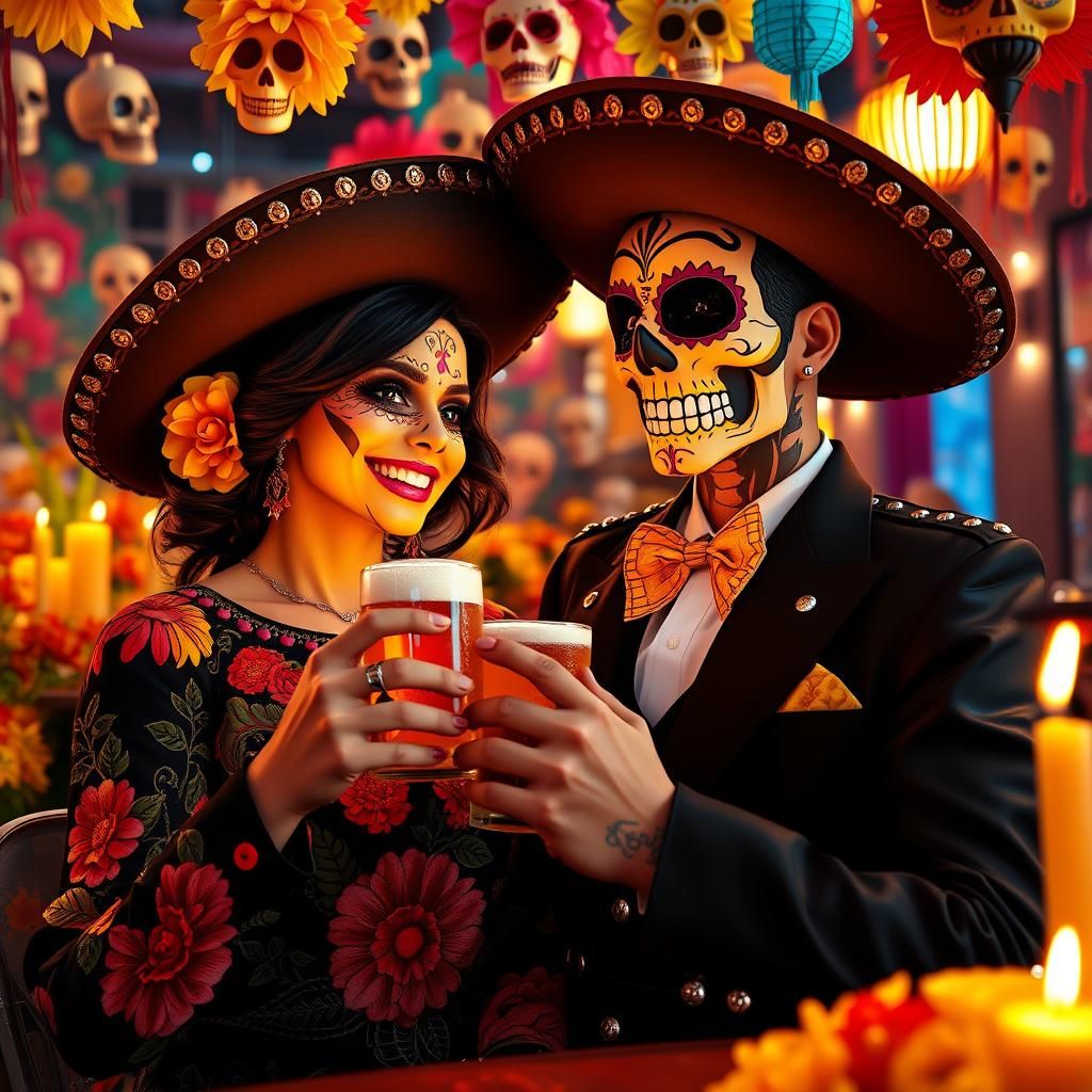 Dia de los Muertos Couple Portrait in a Hyper-Real Style